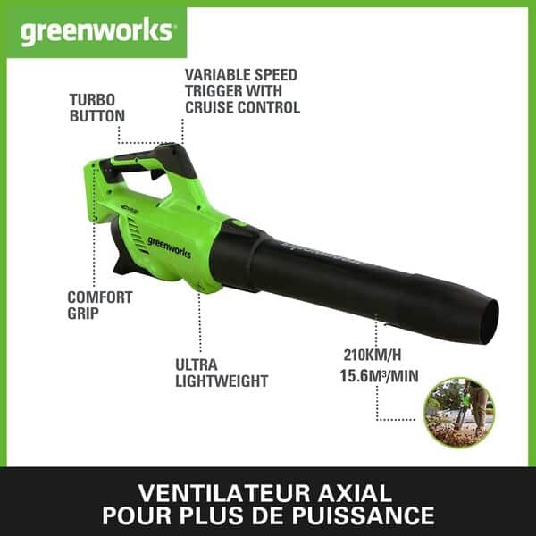 Greenworks GD40ABK2X Souffleur à Batterie Axial de Feuilles Sans Fil avec Régulateur de Vitesse, Moteur Sans Balais, 210km/h, 15,6 m³/min, Fonction Turbo, SANS Batterie Ni Chargeur 40V, Garantie 3 Ans
