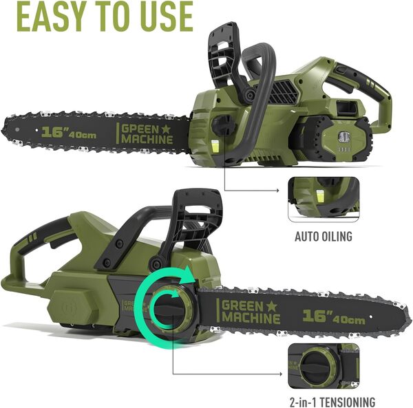 GREEN MACHINE Tronçonneuse à batterie 62 V, batterie 4 Ah, tronçonneuse électrique au lithium avec barre et chaîne Oregon de 16 pouces, batterie et chargeur