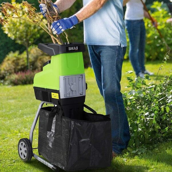 BAKAJI Broyeur électrique, hachoir à feuilles, puissance 2800 W, broyeur, feuilles et compotage, avec sac de ramassage 60 l