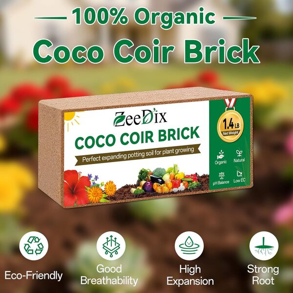 ZeeDix Lot de 8 briques de noix de coco (5,1 kg), 100 % fibre de coco biologique pour terre de jardin et mélange de rempotage, faible EC et pH équilibre, fibre de noix de coco compressée pour sol de
