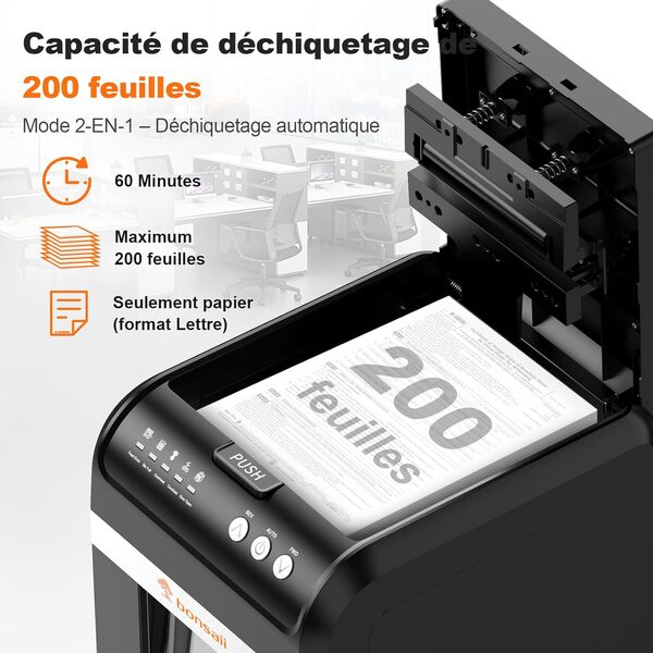 Bonsaii Destructeur de Documents Auto Feed 200 Feuilles, 60 Min de Fonctionnement, Micro-Coupe P-4, Bac 31L, Mode Manuel pour Cartes de Crédit, Silencieux & Écoénergétique, Idéal Bureau, C283-A