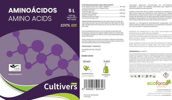 CULTIVERS Force-Amin Eco 20 litres Engrais - Engrais d'Acide Aminé Végétal Améliore la Croissance de Vos Plantes à l'Extérieur et à l'Intérieur - Augmente la Productivité