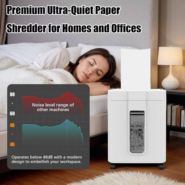 Destructeur de papier ultra silencieux de 45 dB, 15 feuilles à coupe croisée pour usage domestique avec poubelle coulissante de 18 L et roulettes, déchiqueteuse de bureau blanche pour documents