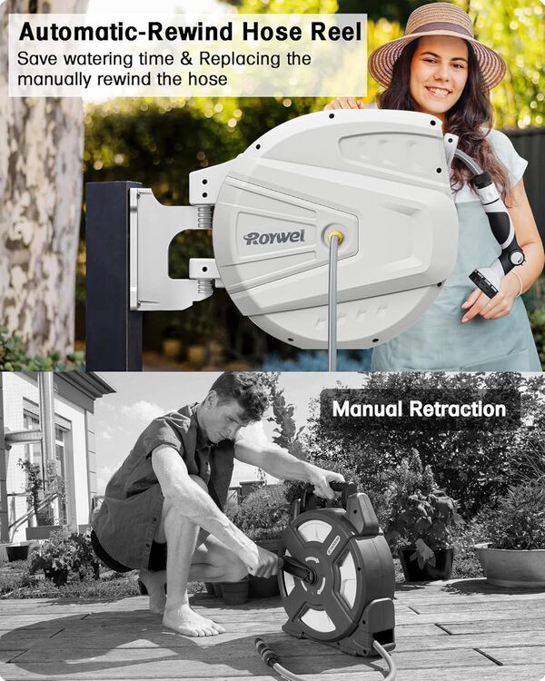 Enrouleur de tuyau d'arrosage automatique 30 m, verrouillage automatique, montage mural, support pivotant 180°, buse multifonction pelouse, jardin, garage