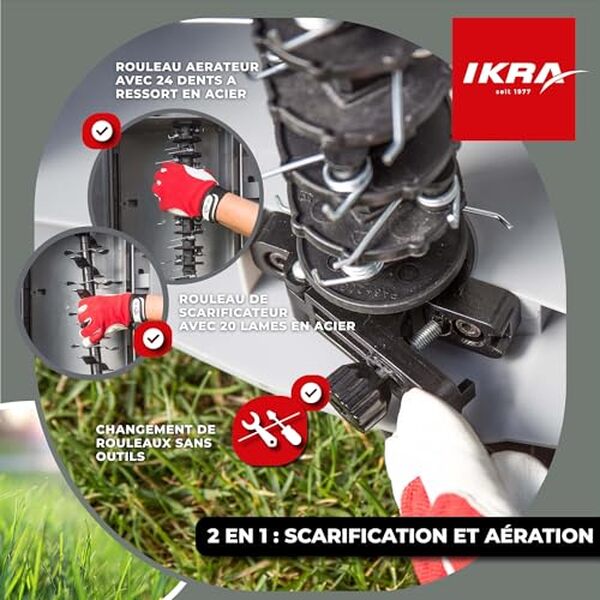 Découvrez le scarificateur aérateur IKRA IEVL 1840 avec 1.800 watts de puissance pour un entretien de pelouse optimal et une aération efficace.