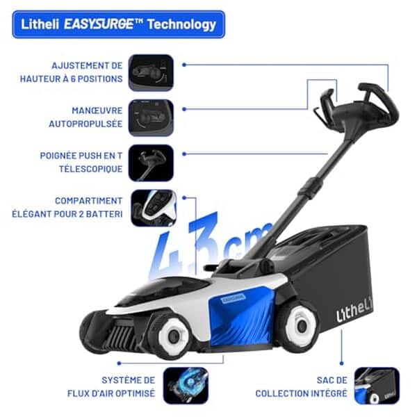 Découvrez la tondeuse Litheli Easysurge : performance exceptionnelle, autonomie et maniabilité pour un jardin parfait sans effort