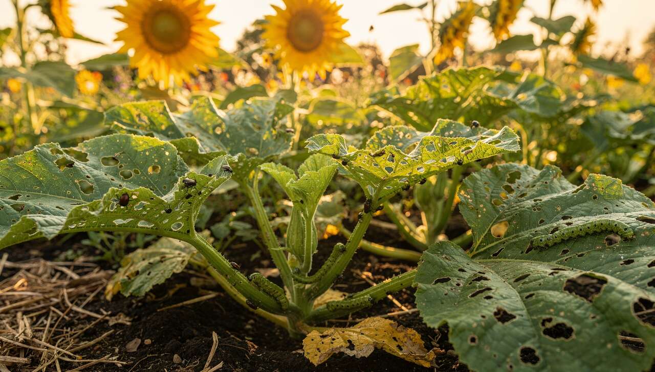 Les dégâts sur les tournesols et courgettes