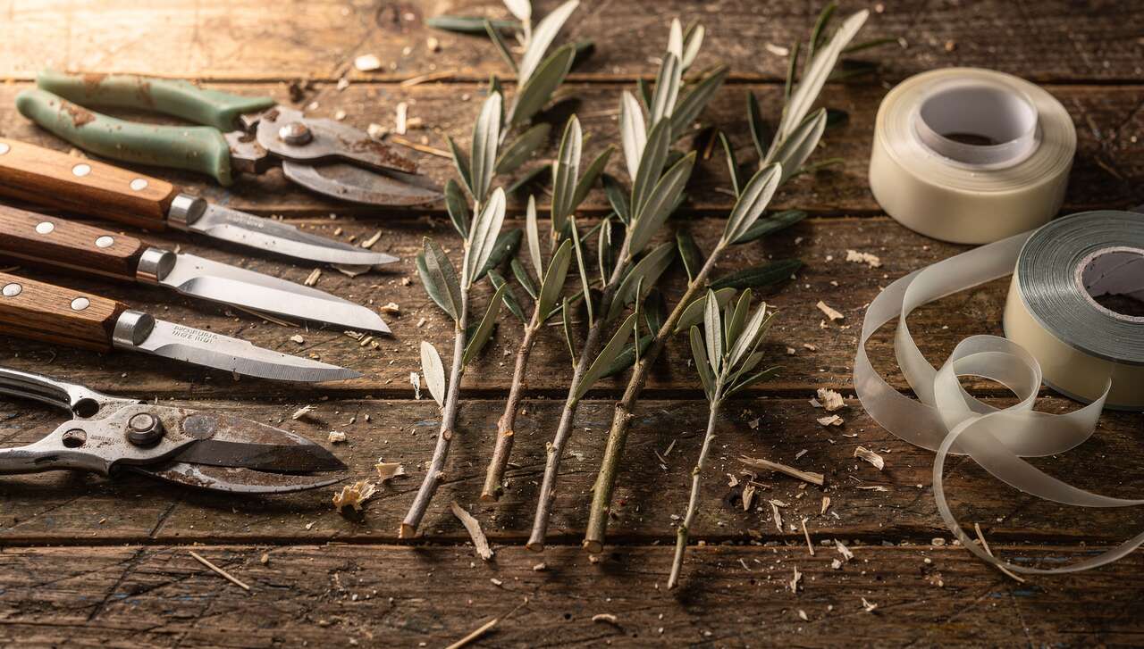 Préparation du matériel pour la greffe des oliviers