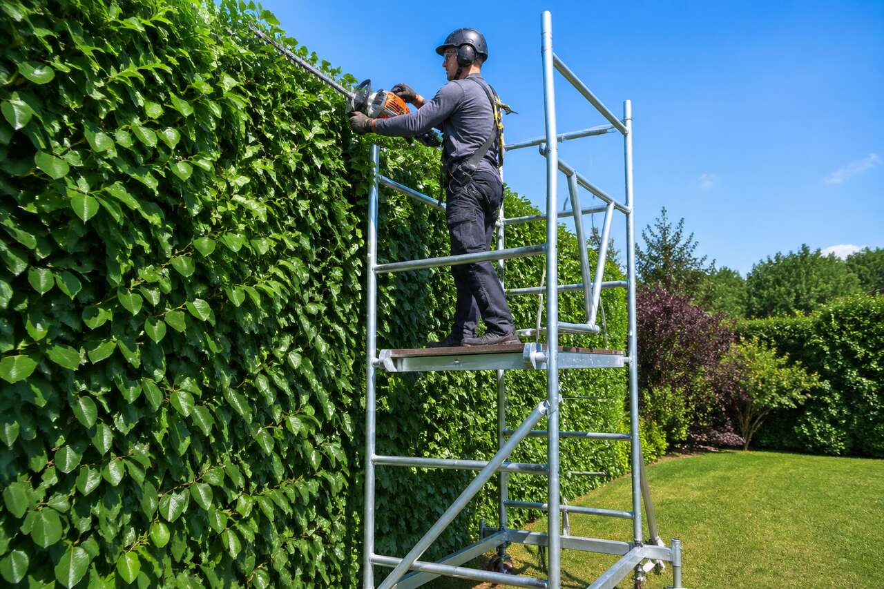 Tailler une haie en toute sécurité avec un échafaudage de jardin